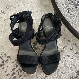 Stuart Weitzman Crochet Wedge Sandal Black Straps Jute Sole Size 7.5
